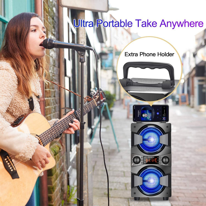 MANY FEATURES — 1: Bluetooth speaker with FM radio; 2: Karaoke machine - Bluetooth speaker with microphone; 3: Bluetooth speaker with lights; 4: Support treble and bass control; 5: Support AUX,USB,TF card three ways to play; 6: USB connectivity to record your performance or to play your saved songs