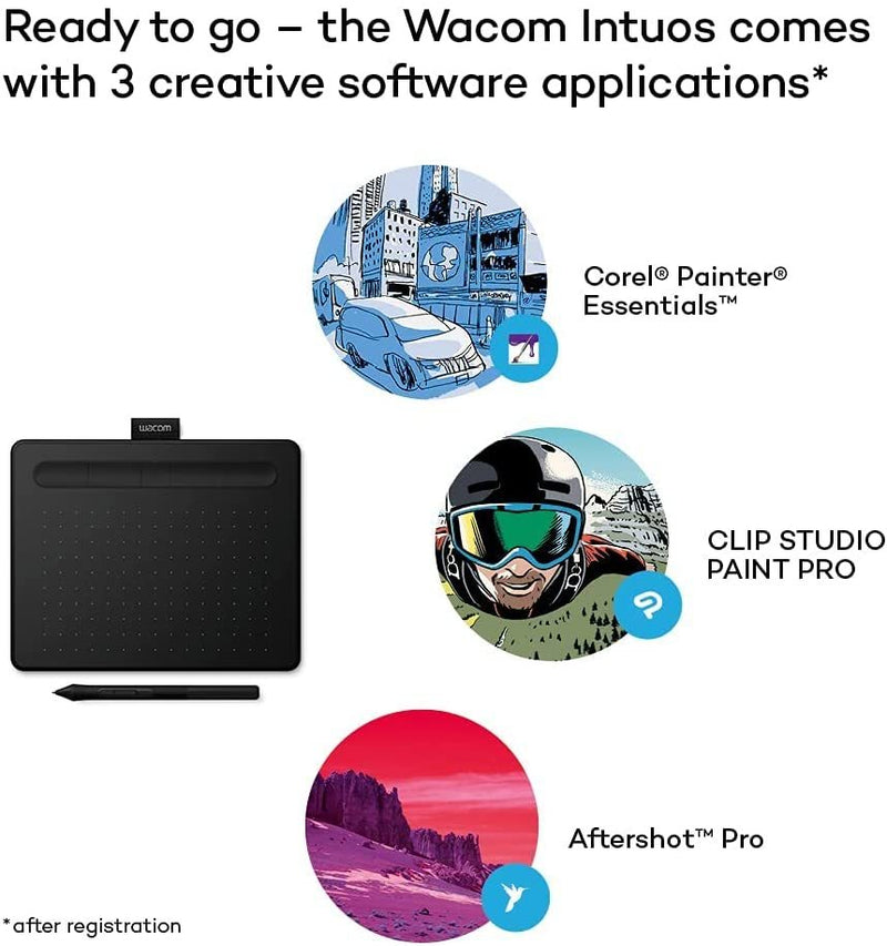 Items Delivered: 1 x Wacom Intuos Pen Tablet (small) Berry with 4K battery-free pen and USB cable, Corel Painter Essentials 7, Corel Aftershot Pro 3 (both 90 days license), Clip Studio Paint Pro (2-year license), Bamboo Paper (Free Pro Pack on Windows 10), Sign Pro PDF for Windows