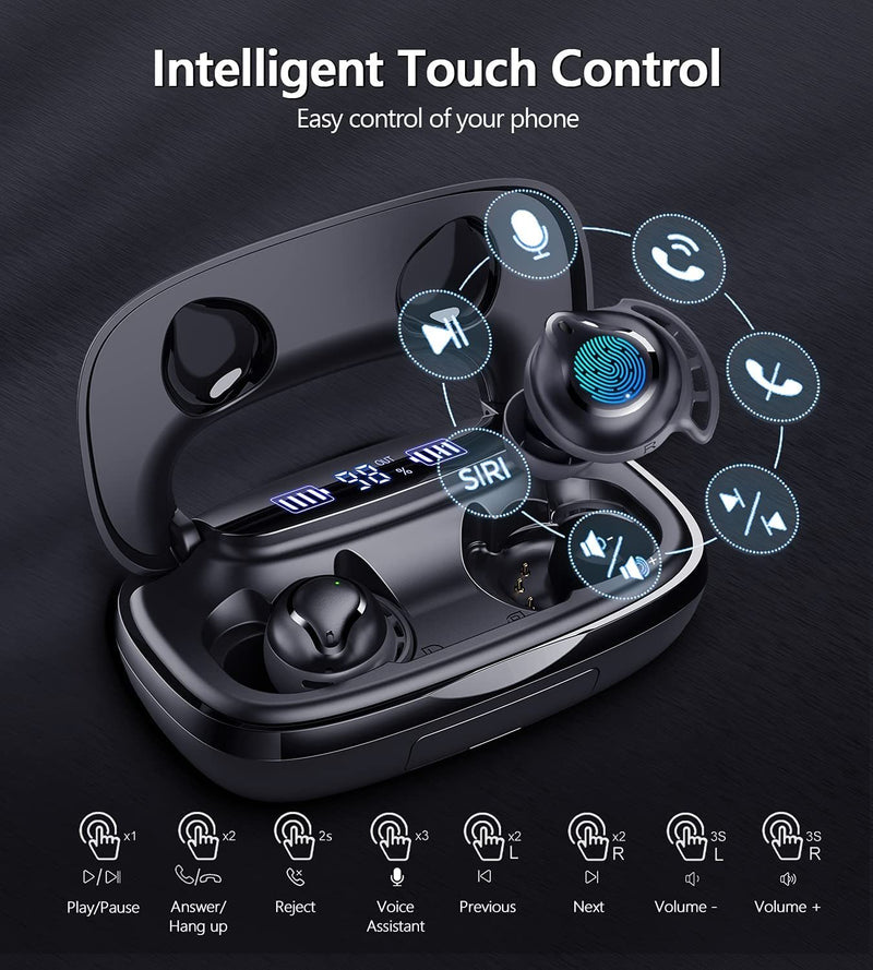 Wireless Earbuds Bluetooth Headphones, 180H Playtime Deep Bass Noise Cancelling IPX8 Waterproof Bluetooth Earphones, In-Ear Headphones with LED Display Touch Control for Sport/Work