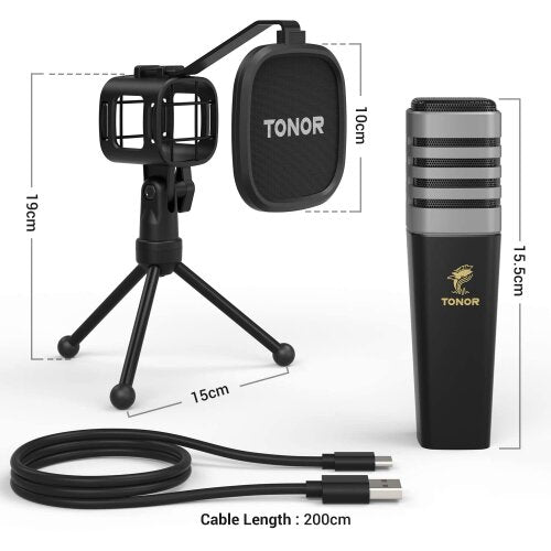 TONOR USB Microphone, Cardioid Condenser Computer PC Mic with Tripod Stand, Pop Filter, Shock Mount for Gaming, Streaming, Podcasting, YouTube, Twitch